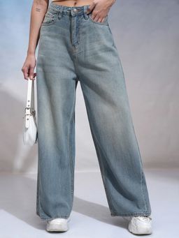 TOKYO TALKIES - Women Blue Cotton Solid Flared Jeans