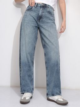 TOKYO TALKIES - Women Blue Cotton Solid Wide Jeans
