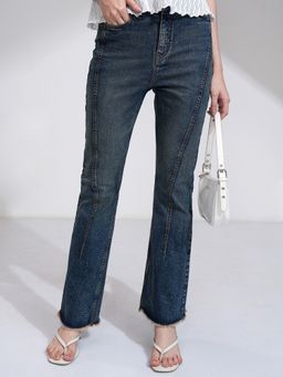 TOKYO TALKIES - Women Blue Cotton Lycra Solid Bootcut Jeans