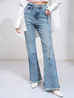 TOKYO TALKIES - Women Blue Cotton Lycra Solid Bootcut Jeans