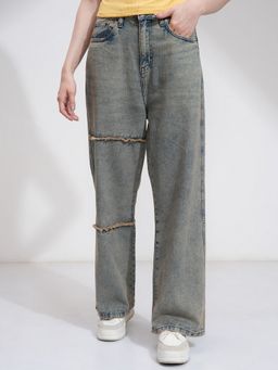 TOKYO TALKIES - Women Blue Cotton Solid Flared Jeans