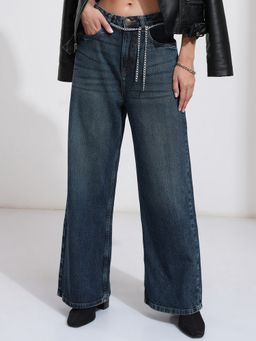 TOKYO TALKIES - Women Blue Cotton Solid Flared Jeans