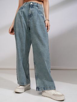 TOKYO TALKIES - Women Blue Cotton Solid Wide Jeans