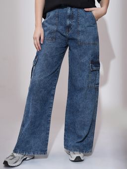 TOKYO TALKIES - Women Blue Cotton Solid Flared Jeans