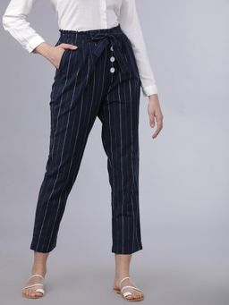 TOKYO TALKIES - Women Navy Blue Regular Fit Striped Pant