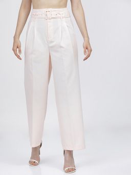 TOKYO TALKIES - Women Peach-Coloured High-Rise Pleated Parallel Pant with Belt