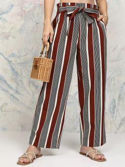 TOKYO TALKIES - Women Rust Linen Stripe Waist Tie-Up Wide Leg Pant with Belt
