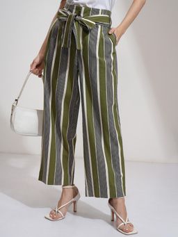 TOKYO TALKIES - Women Olive Linen Stripe Waist Tie-Up Wide leg Pant with Belt