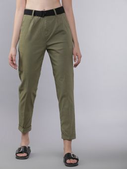 TOKYO TALKIES - Women Olive Green Tapered Fit Solid Regular Pant with Belt