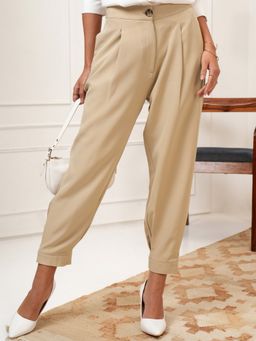 TOKYO TALKIES - Women Beige Solid Pleated Tailored Jogger Formal Trouser
