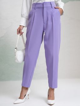 TOKYO TALKIES - Women Purple Lilac Solid Pleated Tailored Formal Trousers