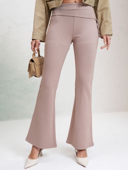 TOKYO TALKIES - Women Taupe Knitted Low Waist Flared Casual Pant