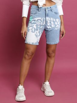 TOKYO TALKIES - Blue Women Typography Printed Mid-Rise Cotton Denim Shorts
