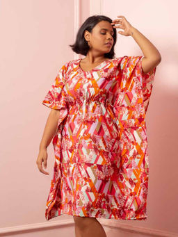 AOBA - Women Pink & White Printed Kaftan Nightdress