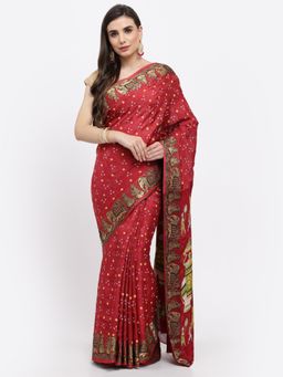 KISHORI - Women Bandhani With Zari Weaving Silk Saree & Blouse Maroon with Unstitched