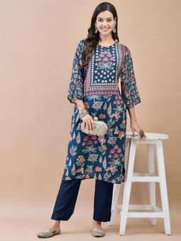Shree - Blue Floral Printed Kurta
