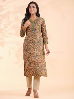 Vbuyz - Olive Green Floral Printed Kurta