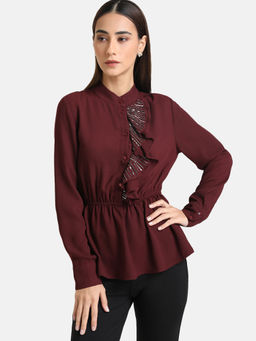 Kazo - Maroon Top With Embellished Ruffle