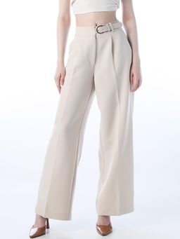 ONLY - Womens Solid Flared Beige Pants With Belt