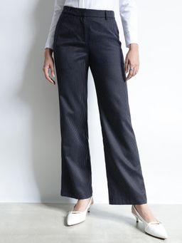 FableStreet - Striped Straight Fit Trousers - Navy Blue