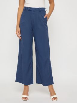 Madame - Solid Navy Blue Rayon Blend Gurkha Trousers