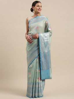 Banarasi Silk Works - Sea Green Mulberry Silk Tilfi Skirt Zari Border Saree with Unstitched Blouse