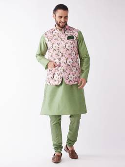 Vastramay - Mens Green and Pink Silk Blend Jacket - Kurta and Pyjama (Set of 3)