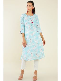 Soch - Women Blue Linen Printed Kurta