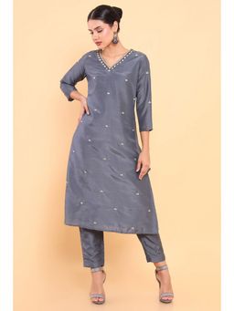 Soch - Women Grey Silk Embroidered Kurta (Set of 2)