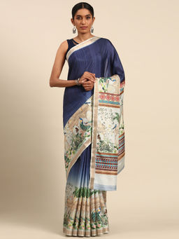 Sangam Prints - Navy Blue Cotton Digital Print Festival Saree