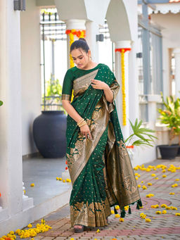 Manohari - Banarasi Woven Dark Green Saree with Heavy Jacquard Work Saree with Unstitched Blouse