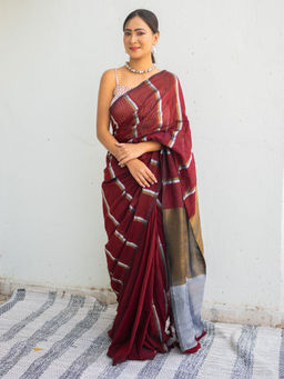 Uttariya - Wine Striped Saree with Unstitched Blouse