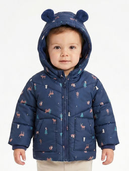 MINI KLUB - Baby Boys Printed Full Sleeves Hooded Jacket, Blue
