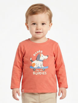 MINI KLUB - Baby Boys Rust Cotton Full Sleeves Printed T-Shirt