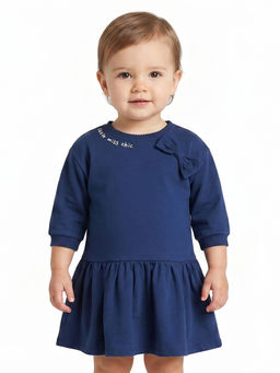 MINI KLUB - Baby Girls Cotton Solid Dress, Navy Blue