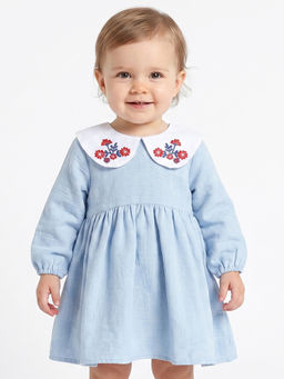 MINI KLUB - Baby Girls Cotton Embroidered Dress, Blue