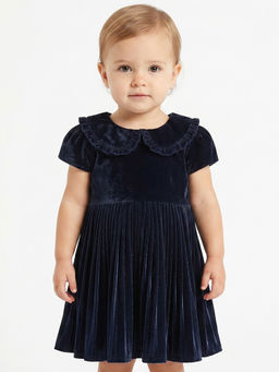 MINI KLUB - Baby Girls Velvet Solid Dress With Scrunchies, Navy Blue