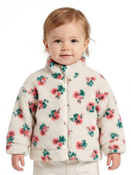 MINI KLUB - Baby Girls Cotton Floral Printed Full Sleeves Jacket, Off-White