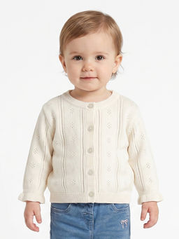 MINI KLUB - Baby Girls White Cotton Self Design Sweater