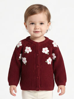 MINI KLUB - Baby Girls Cotton Floral Embroidered Knitted Sweater, Red