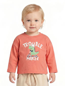 MINI KLUB - Baby Boys Peach Cotton Full Sleeves Printed T-Shirt