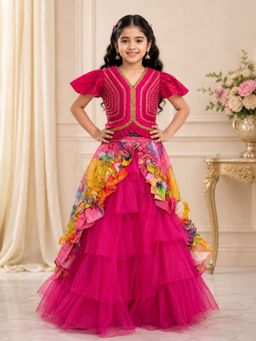 Elaisha - Pink Embroidered Top and Printed Lehenga