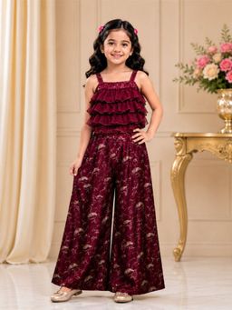 Elaisha - Maroon Satin Printed Ruffled Jumpsuit