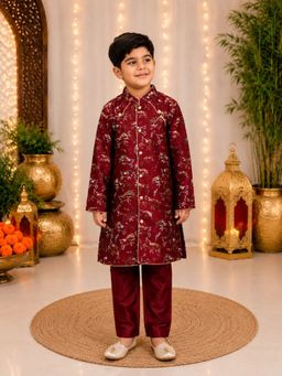 Elaisha - Maroon Satin Printed Kurta and Pajama