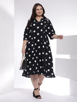 Amydus - Plus Size Black Polka Print Cotton Midi Dress