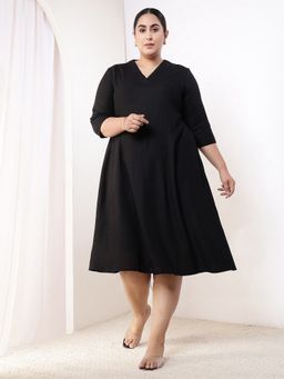 Amydus - Plus Size Black Cotton Linen Midi Dress