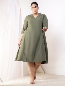 Amydus - Plus Size Olive Green Cotton Linen Midi Dress