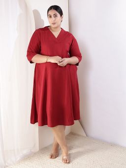 Amydus - Plus Size Maroon Cotton Linen Midi Dress