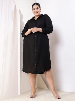 Amydus - Plus Size Black Cotton Linen Midi Shirt Dress