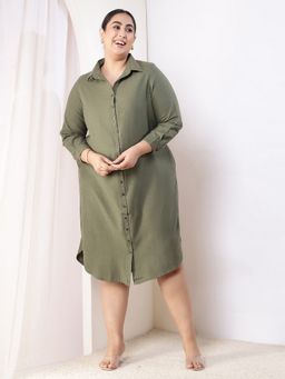 Amydus - Plus Size Olive Green Cotton Linen Midi Shirt Dress